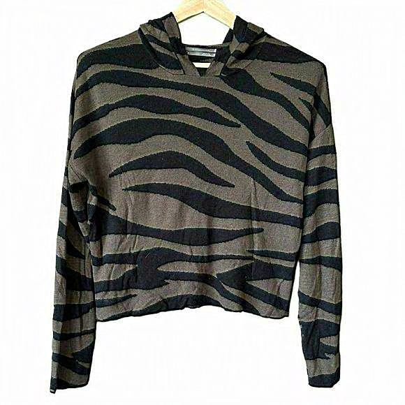 Anthropologie Green Zebra Print‎ Hooded Cropped Sweater Womens S - Picture 1 of 4